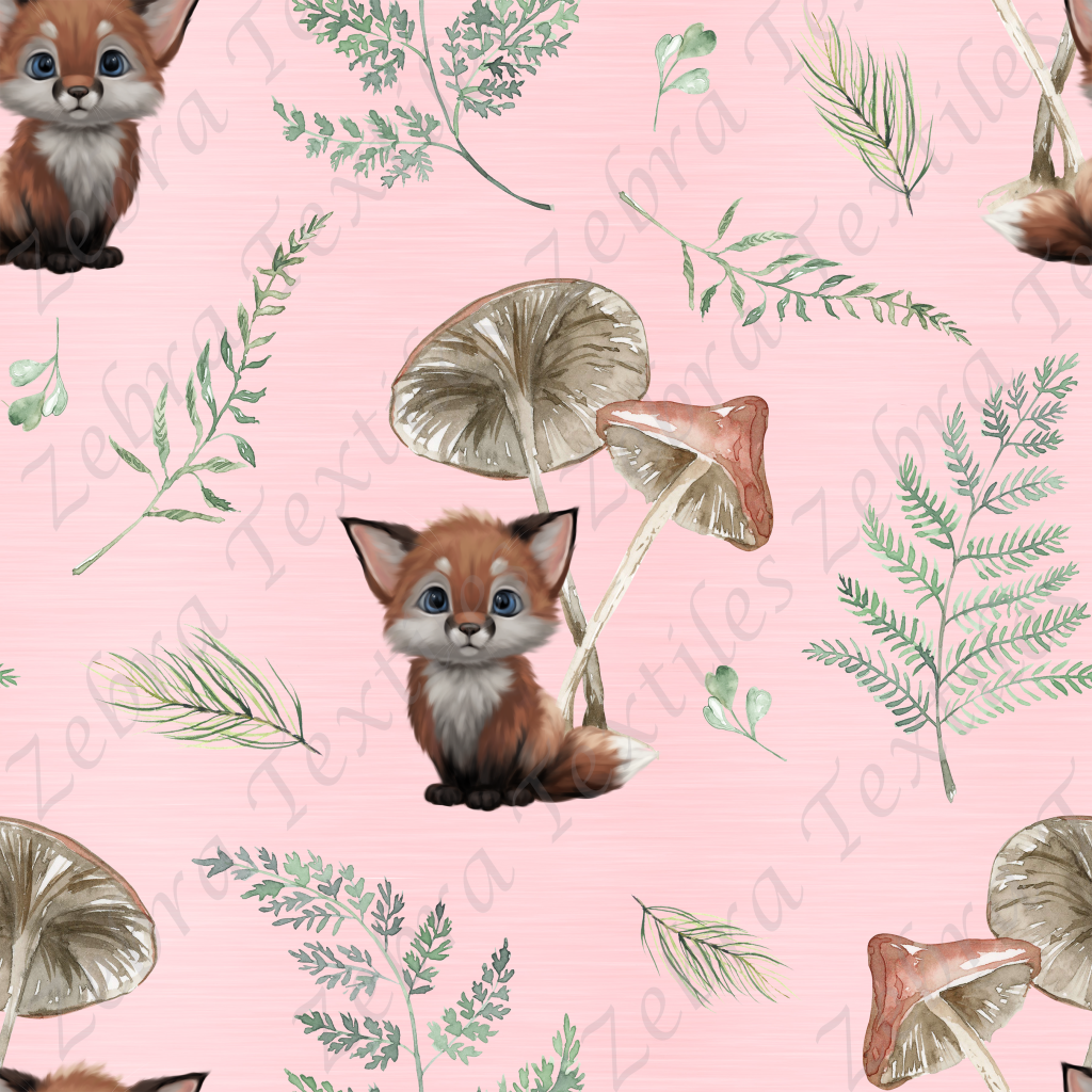 Renard Et Champignon Brun Fond Rose Exclusif Zebra Textiles