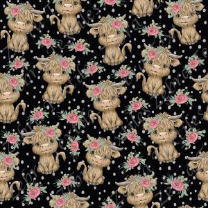 Vache Highland et fleurs fond noir petit pois