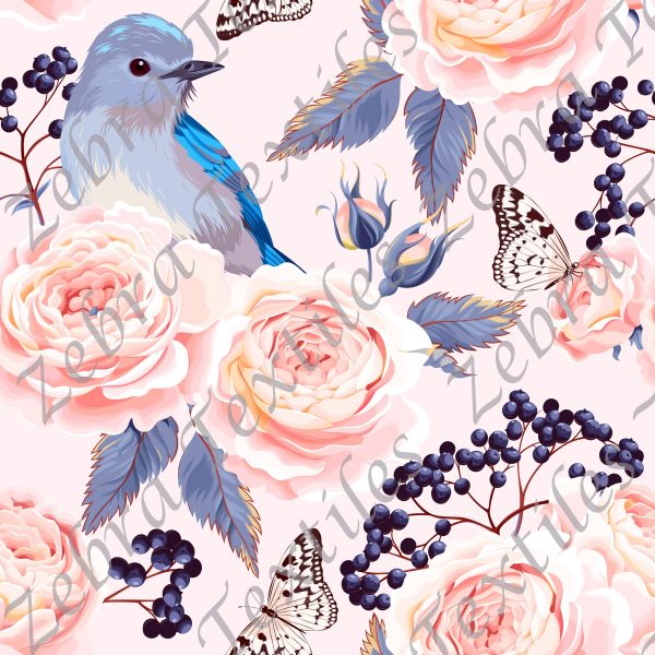 Oiseau bleu et fleur rose