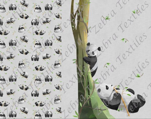 Panda et bambou fond lin gris Panneau doudou