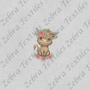 Vache Highland fleurs fond lin gris panneau enfant