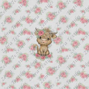Vache Highland fond lin gris fleurs panneau enfant