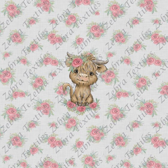 Vache Highland fond lin gris fleurs panneau enfant