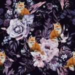 Bouquet de fleurs mauve et renard fond noir