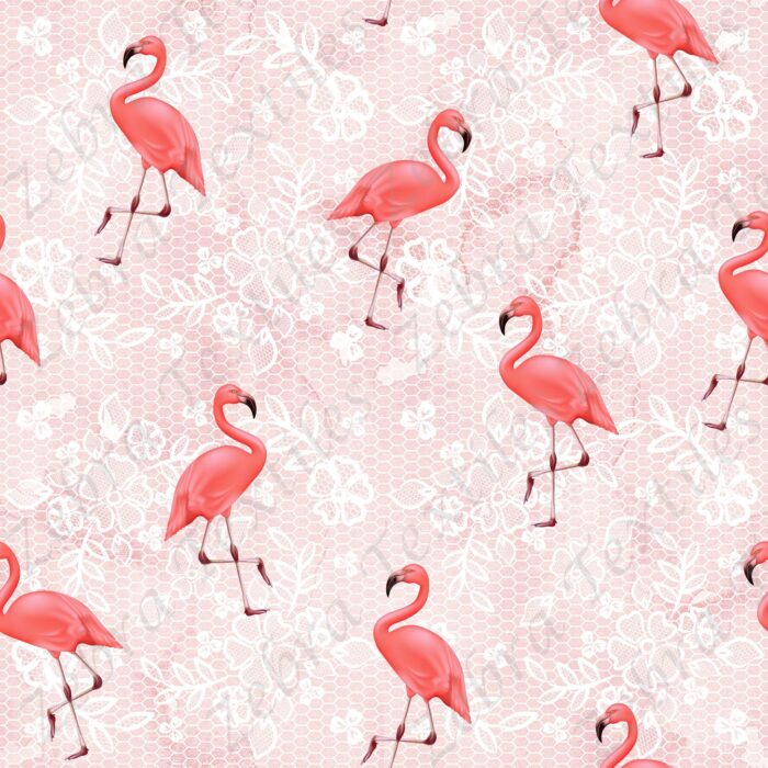 Flamant rose et fleur fond dentelle rose