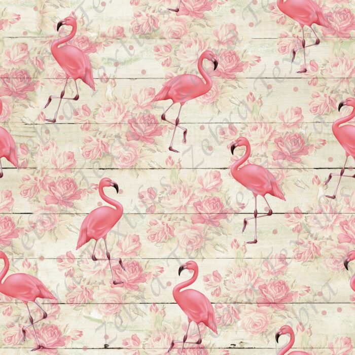 Flamant rose et fleur fond planche et fleur rose