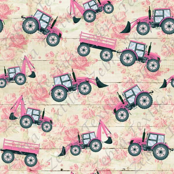 Tracteur fond planche fleur rose