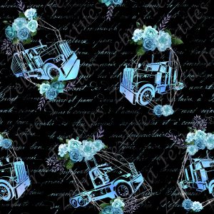 Truck et fleur bleue fond noir écriture
