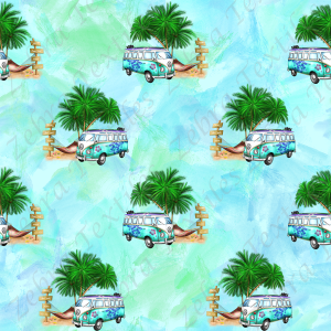 Camper bleu et palmier fond aquarelle aqua