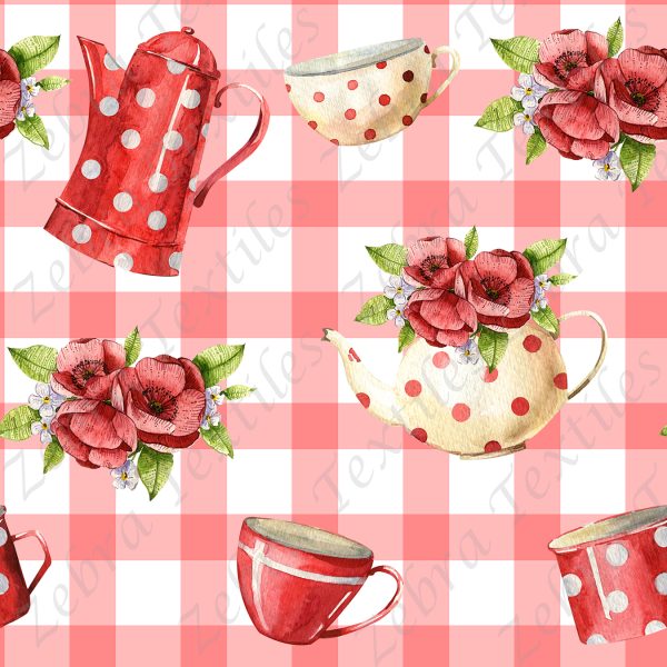 Collection thé théière et fleur fond à carreau rouge