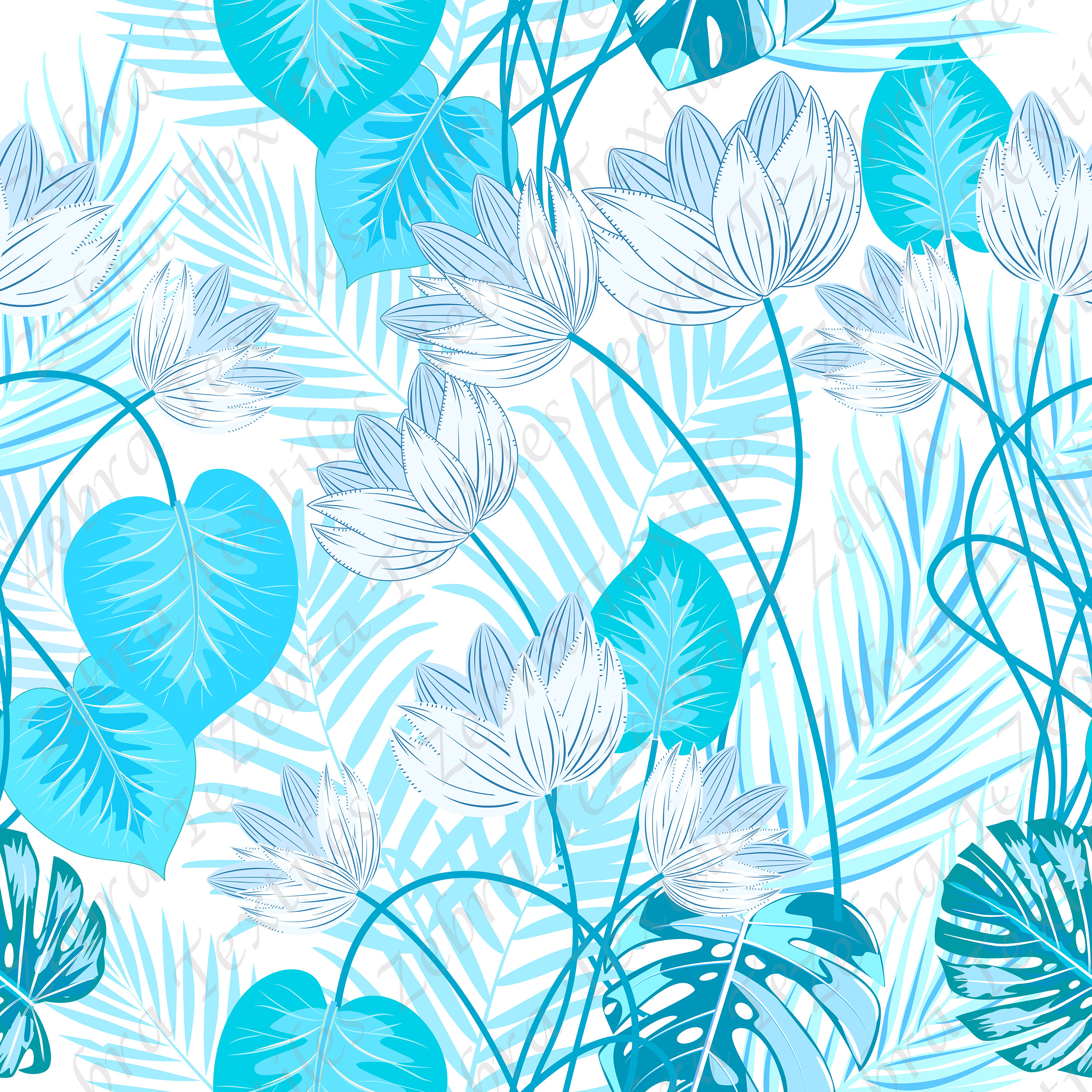Fleur blanche feuille bleue fond blanc - Zebra textiles