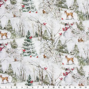 Forêt de Noël et animaux fond blanc 100% coton