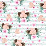 Lapin mignon et fleur fond ligné aqua