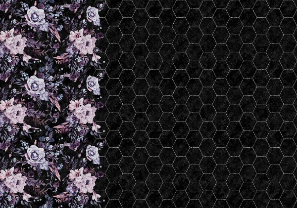 Bordure bouquet de fleurs mauves avec fond noir hexagone