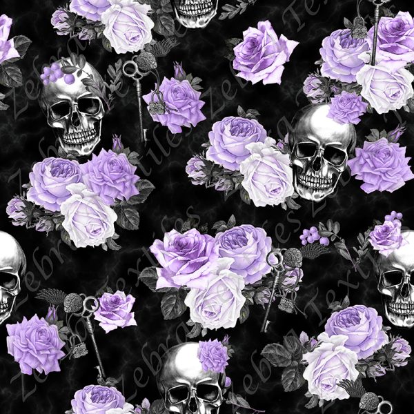 Bouquet de roses mauves clef et skull fond noir marbré