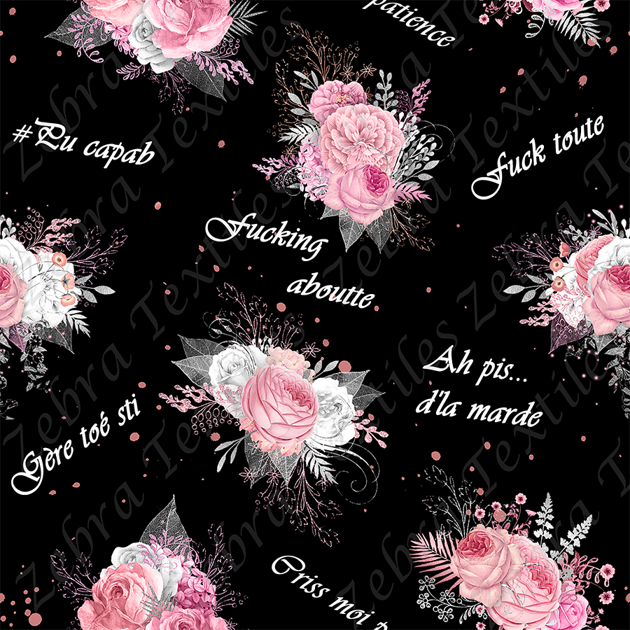 Mot vulgaire fleur rose et blanche fond noir *Exclusif* - Zebra textiles