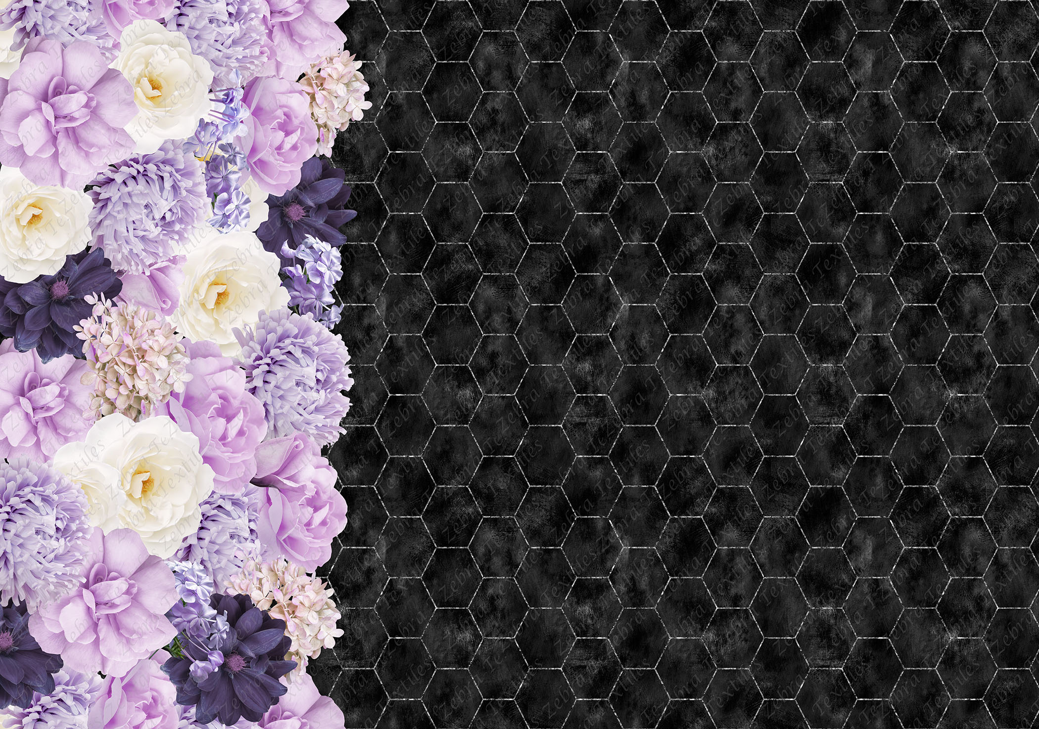 Rose mauve et blanche fond noir hexagone *Exclusif* - Zebra textiles