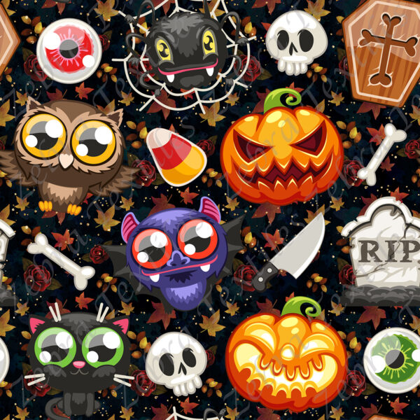 Animaux halloween gros yeux fond feuille
