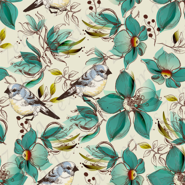 Oiseau bleu et fleur aqua