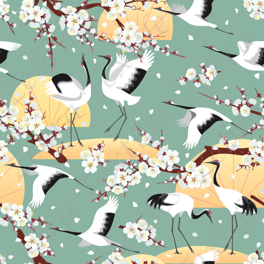 Oiseau et fleur de cerisier fond aqua