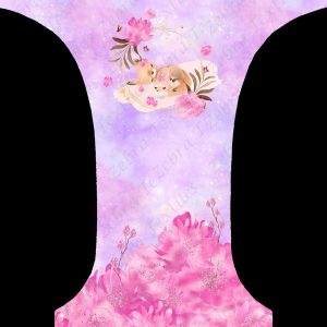 Renard mignon et lapin fleur fond galaxie rose