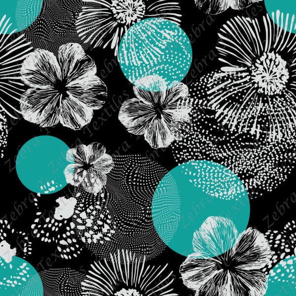 Fleur blanche et rond aqua fond noir