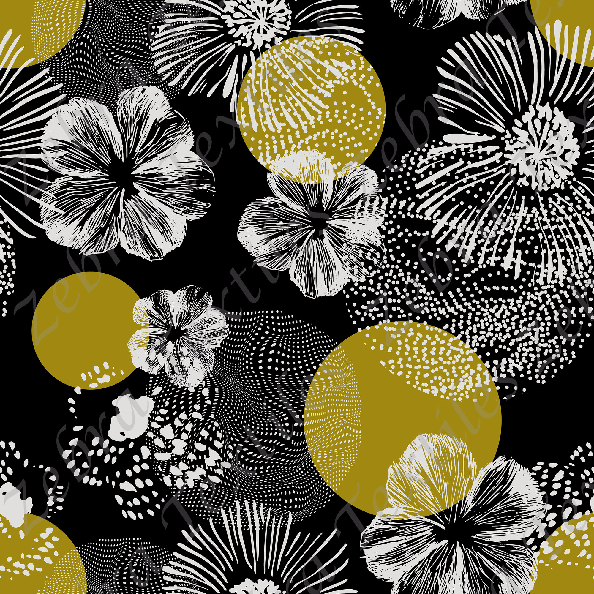 Fleur blanche et rond jaune fond noir * Couleur exclusive * - Zebra textiles