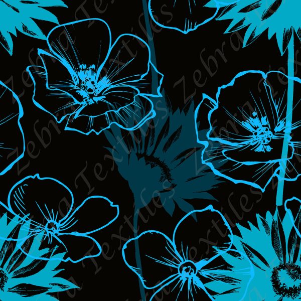 Fleur moderne aqua et bleu fond noir