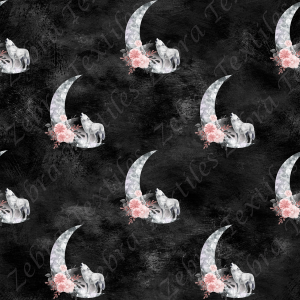 Loup et lune fleur rose fond noir