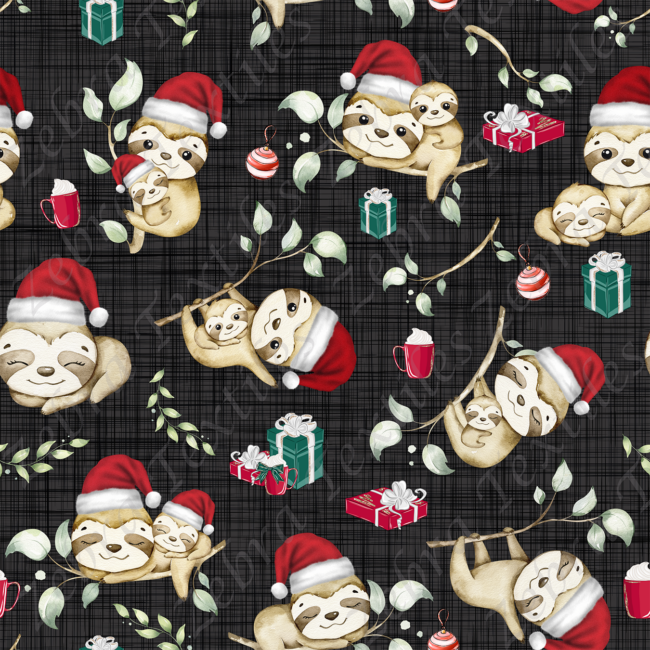 Paresseux et cadeau de Noël fond lin noir gris