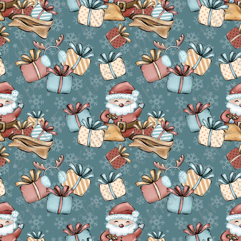 Père Noël et cadeaux fond bleu flocon