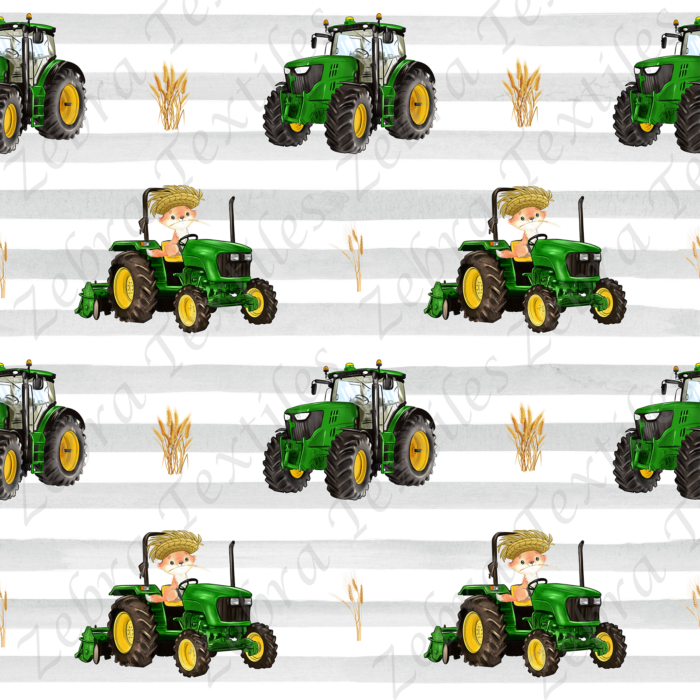Tracteur vert et renard fond rayé gris