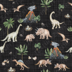 Dinosaure long cou et volcan fond lin gris noir