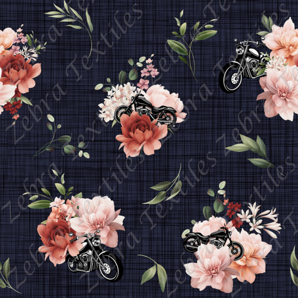 Pivoine rose orangé et moto fond lin marin