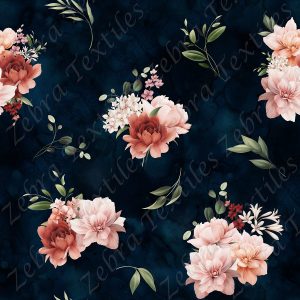 Pivoine rose orangé fond bleu marin