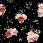 Pivoine rose orangé fond noir pois blanc