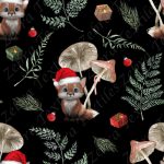 Renard de Noël et champignon brun fond noir