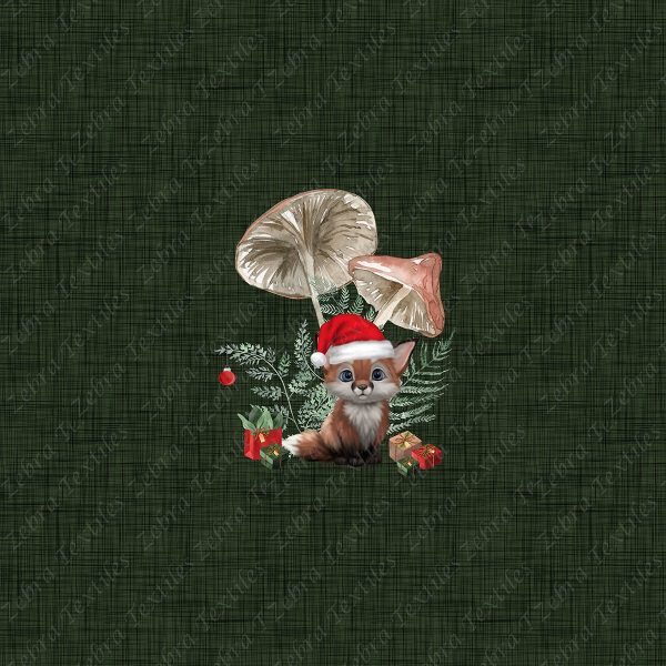 Renard et champignon de Noël fond lin vert Panneau