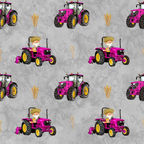 Tracteur rose et renard fond gris