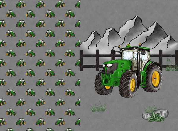 Tracteur vert et montagne fond gris Panneau doudou