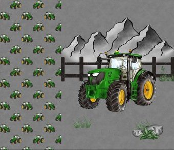 Tracteur vert et montagne fond gris Panneau doudou