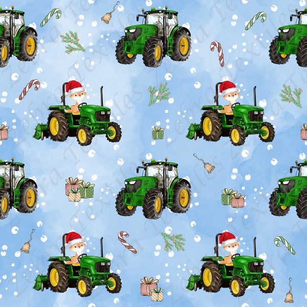 Tracteur vert et renard de Noël fond bleu