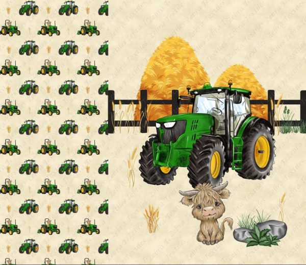 Tracteur vert et vache fond beige Panneau doudou