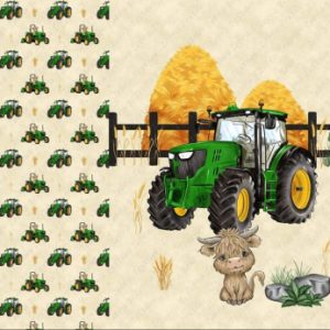 Tracteur vert et vache fond beige Panneau doudou