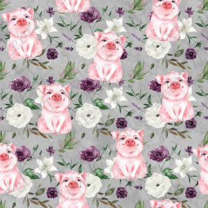 Cochon et fleur mauve fond gris