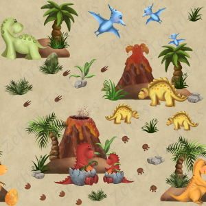 Dinosaure jaune et rouge volcan fond sable