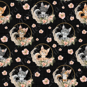 Maine coon et fleur rose fond lin noir gris