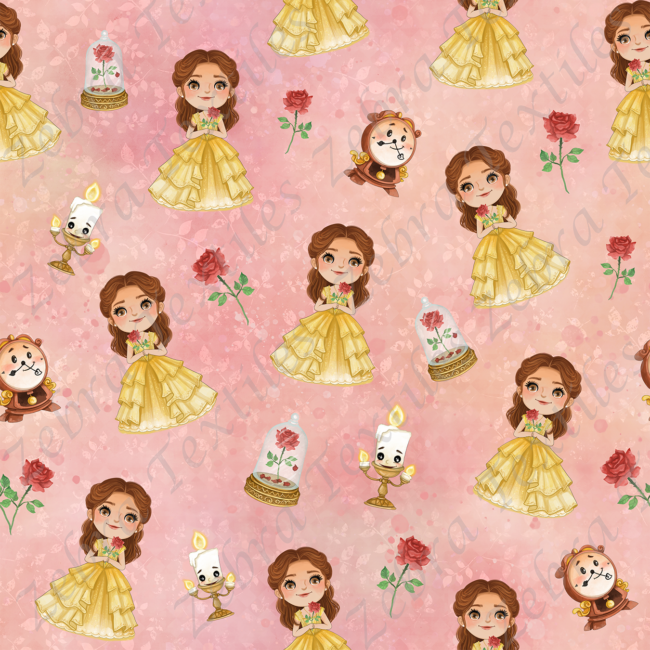 Princesse en jaune et fleur fond feuillage rose