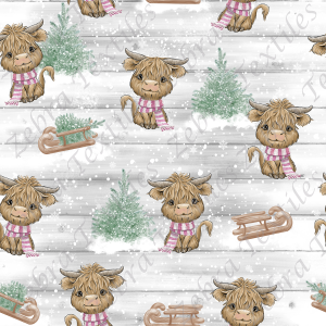 Vache foulard rose et sapin fond planche et flocon