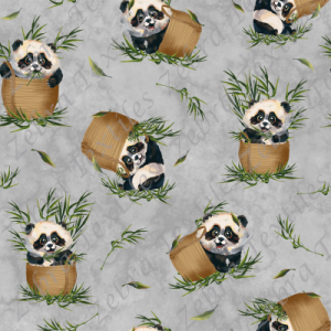 Panda et panier de bambou fond gris